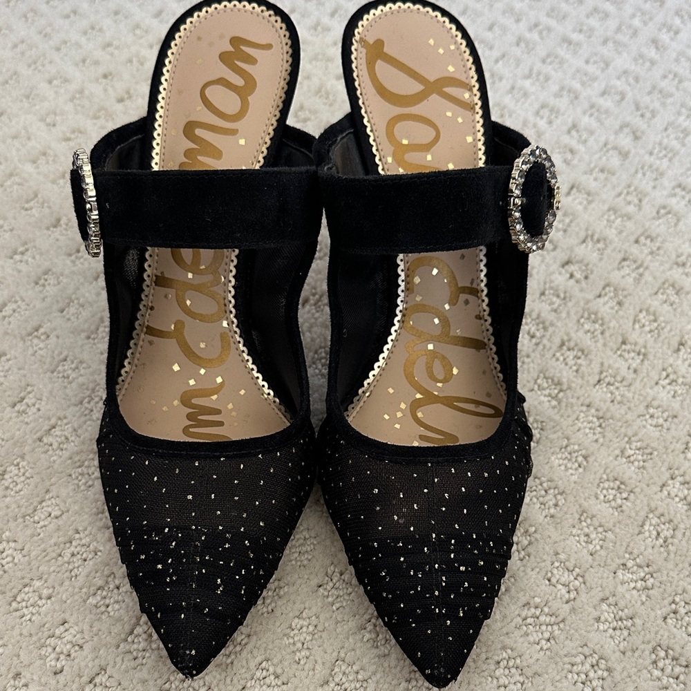 Sam Edelman Black Mules with Rhinestone Buckle